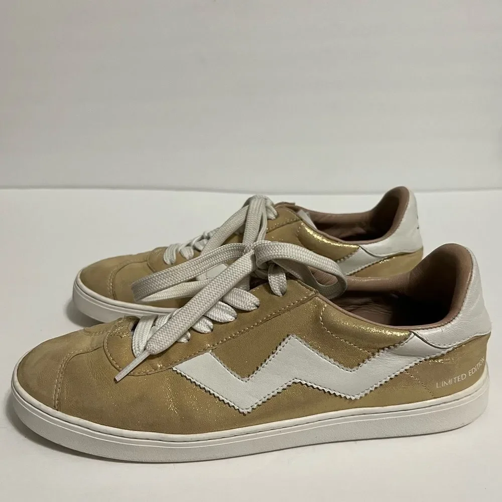 Stuart Weitzman Daryl Metallic Leather Sneakers Gold And White Size 7